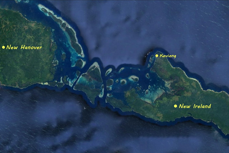 diving kavieng - map of new ireland and new hanover, showing the