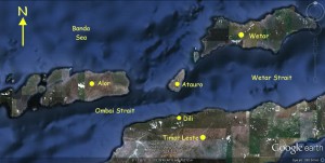 Timor Leste, Alor and Wetar map showing the Ombai Strait