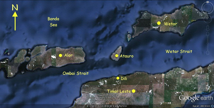 Scuba Diving in Timor Leste - Timor Leste, Alor and Wetar map showing the Ombai Strait