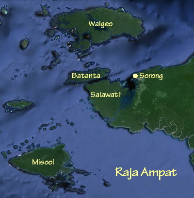 Map of Raja Ampat showing the four main islands